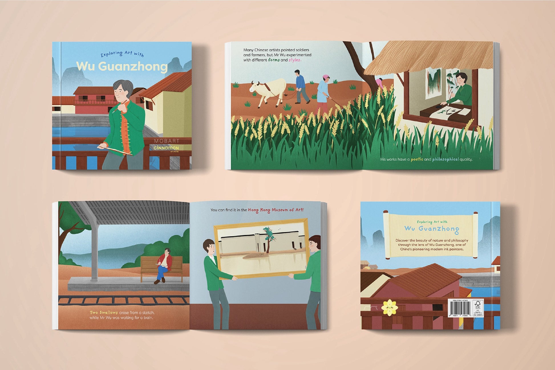 Set of children's books with illustrated scenes on a beige background