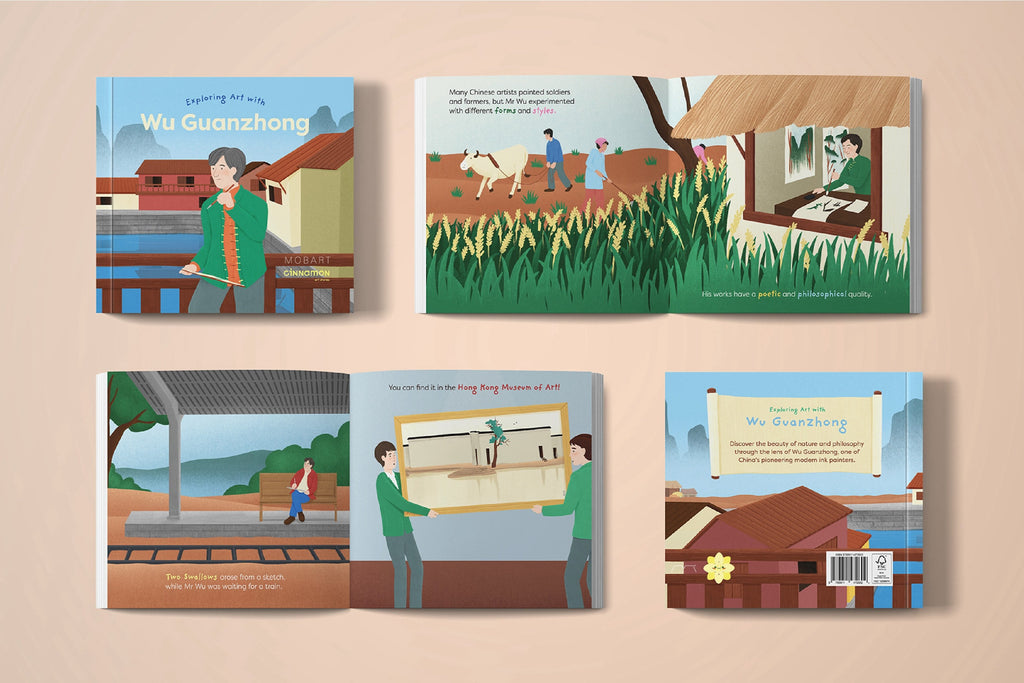Set of children's books with illustrated scenes on a beige background